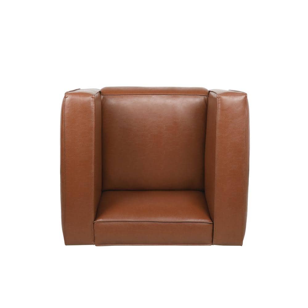 Cognac Brown Square Arm Faux Leather Club Chair with Dark Walnut Wood Legs