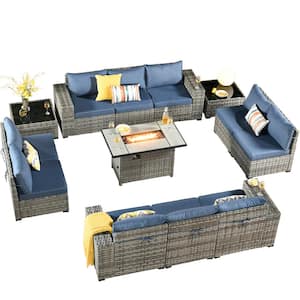 Crater Grey 13-Piece Wicker Wide-Plus Arm Outdoor Fire Pit Patio Conversation Sofa Set with Denim Blue Cushions