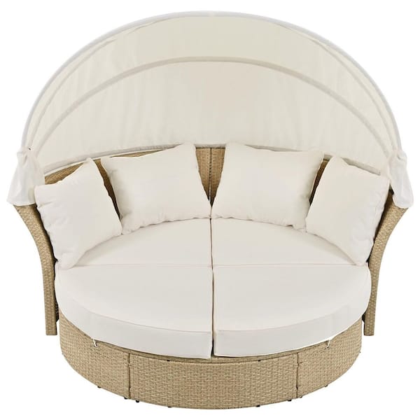 Sudzendf Wicker Outdoor Day Bed, Round Sofa with Beige Cushions, Retractable Canopy and 4 Pillows