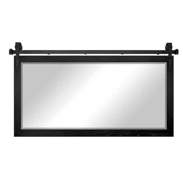 (66 in. W x 32 in. H) Black Oak Hardwood Beveled Mirror with Steel Barndoor Rail