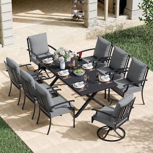 Halmuz 9-Piece Black Metal Patio Outdoor Dining Set with