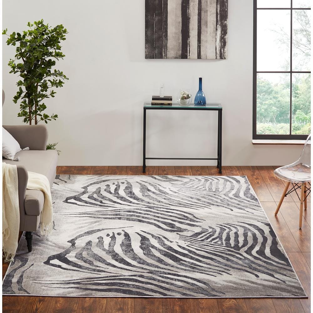 Gray and Charcoal Synthetic Zebra Print Area Rug