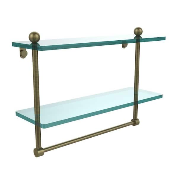16 in. L x 12 in. H x 5 in. W 2-Tier Clear Glass Bathroom Shelf with Towel Bar in Antique Brass