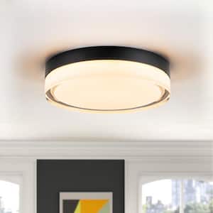 Geren 8.8 in. 23.5-Watt Modern Round Matte Black Integrated LED Flush Mount Light with Frosted Clear Glass Shade