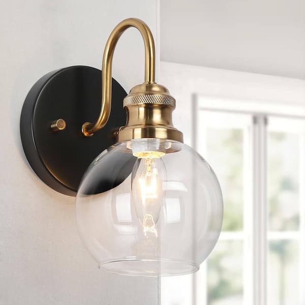 Zevni 5 in. Modern Mid-century Wall Sconce Lighting, 1-Light Black/Brass Bathroom Vanity Light, Globe Clear Glass Wall Light