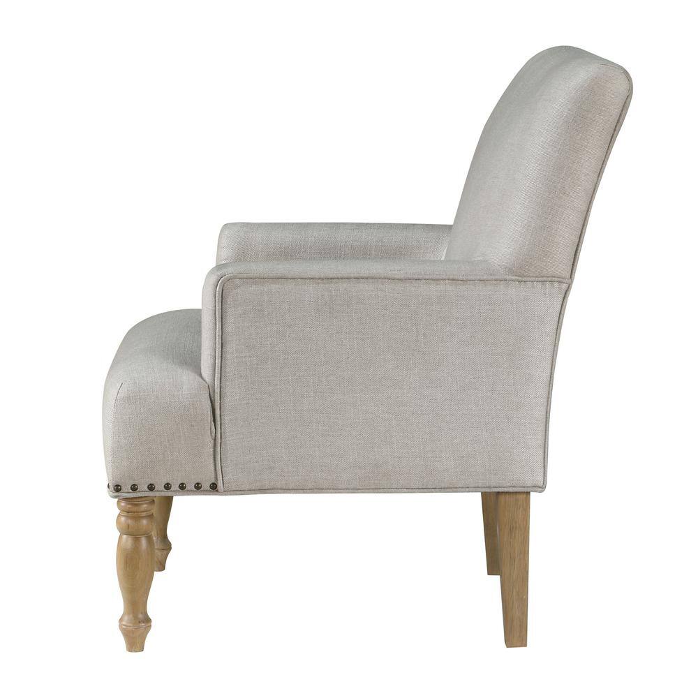 Beige Upholstered Accent Chair with Nailhead Trim and Wood Legs