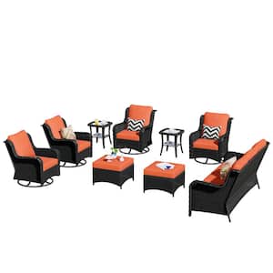 Janus Brown 9-Piece Wicker Patio Conversation Seating Set with Orange Red Cushions and Swivel Chairs