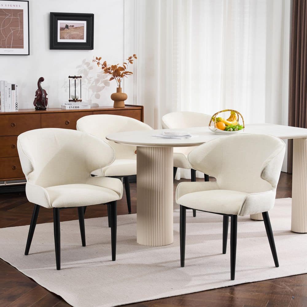 Liora Modern Beige Fabric Upholstered Dining Side Chairs, Black Metal Legs, Set of 4