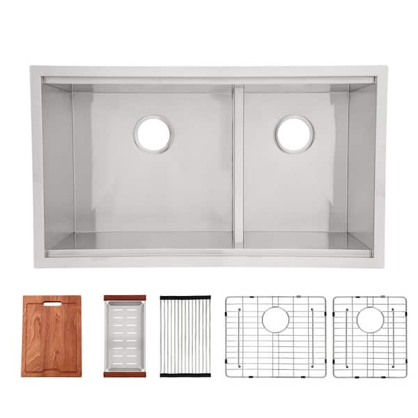 30 in. Undermount 60/40 Double Bowl 16-Gauge Stainless Steel Workstation Low Divide Kitchen Sink Basin