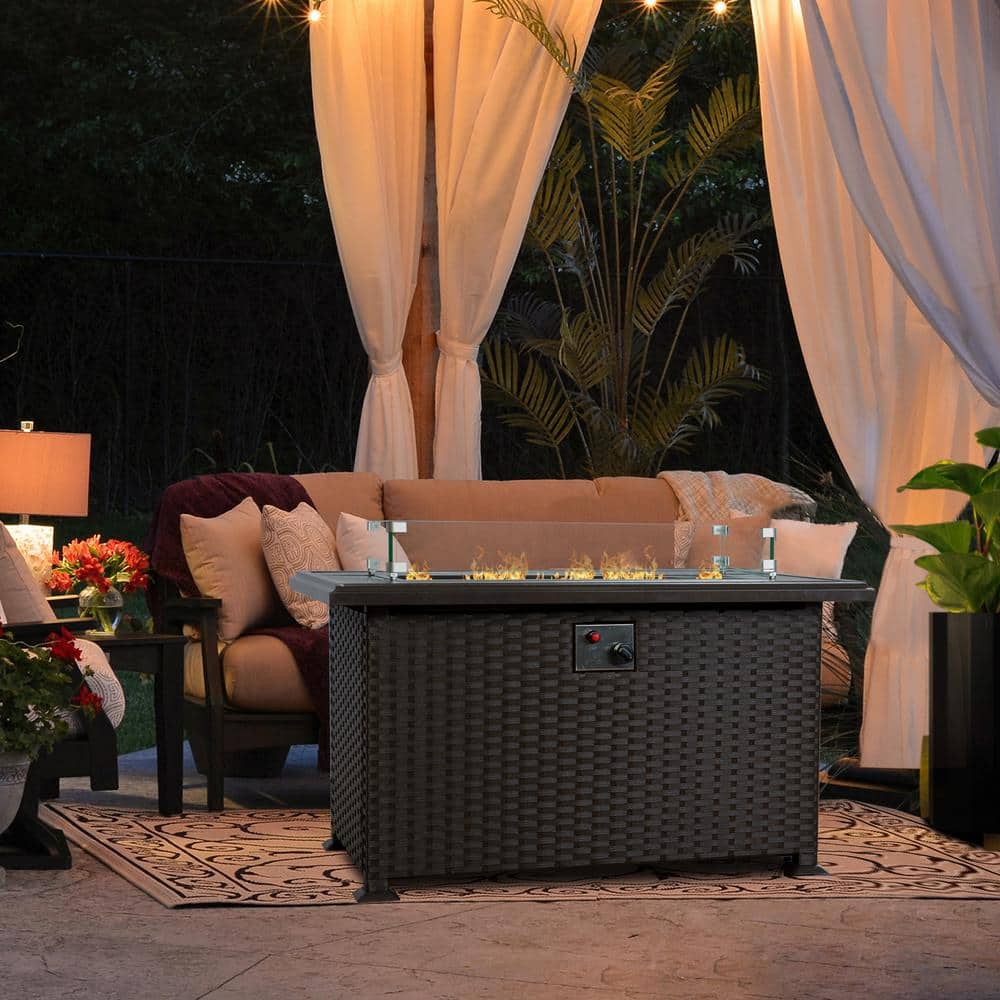 Brown Wicker Gas Fire Pit Table with Glass Wind Guard