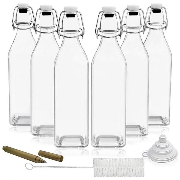 Nevlers 17 oz. Square Glass Bottles with Swing Top Stoppers, Bottle Brush, Funnel, and Glass Marker (Set of 6)