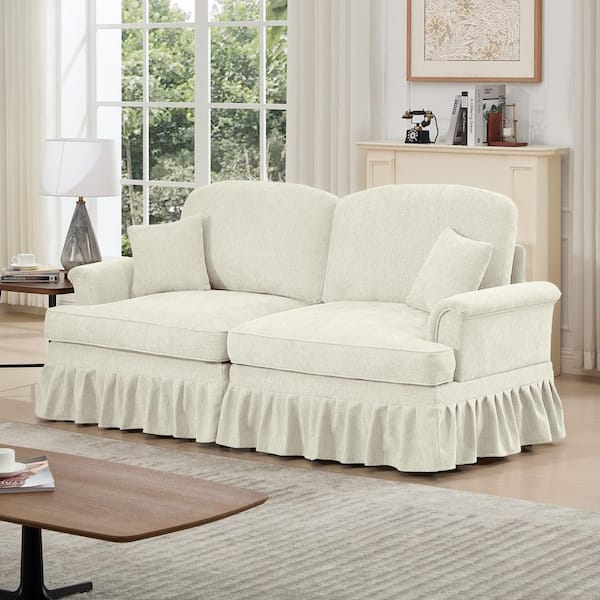 Jacob 76.4 in. Flared Arms Chenille Rectangle Sectional Sofa in Beige White, Removable Ruffles Pleats Skirts