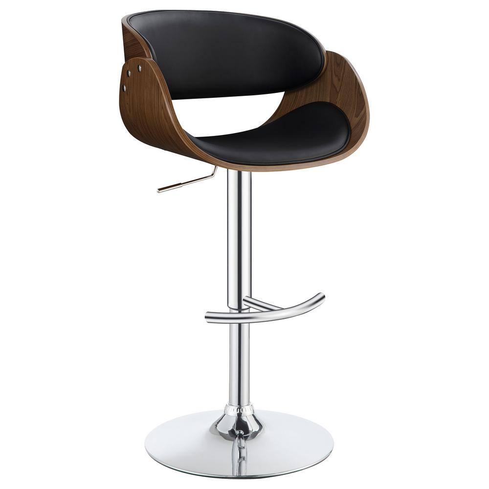 Black Adjustable Swivel Bar Stool with Walnut Wood and Chrome Base