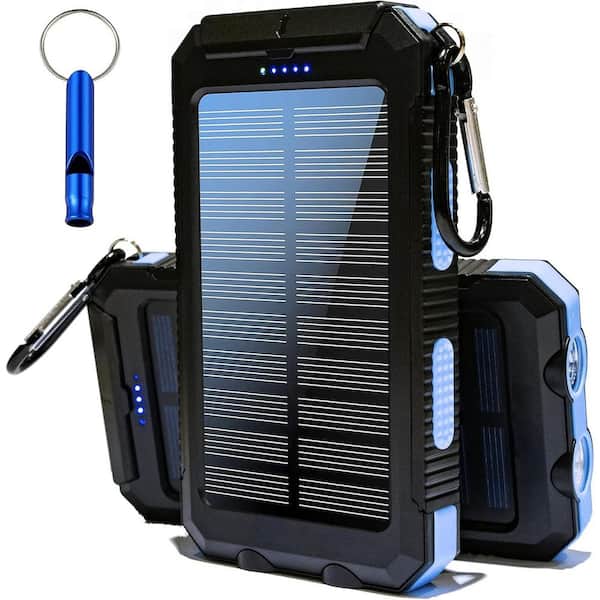 20000mAh Portable Solar Power Bank in Blue with Compass Carabiner Whistle Flashlights Solar Panel Charger Camping Gear
