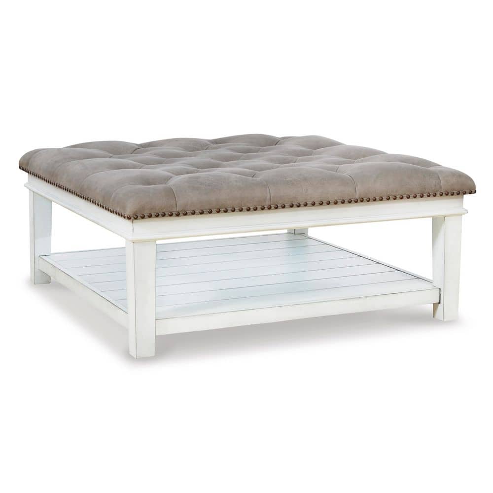 Whitewash Square Tufted Cocktail Ottoman with Lower Shelf