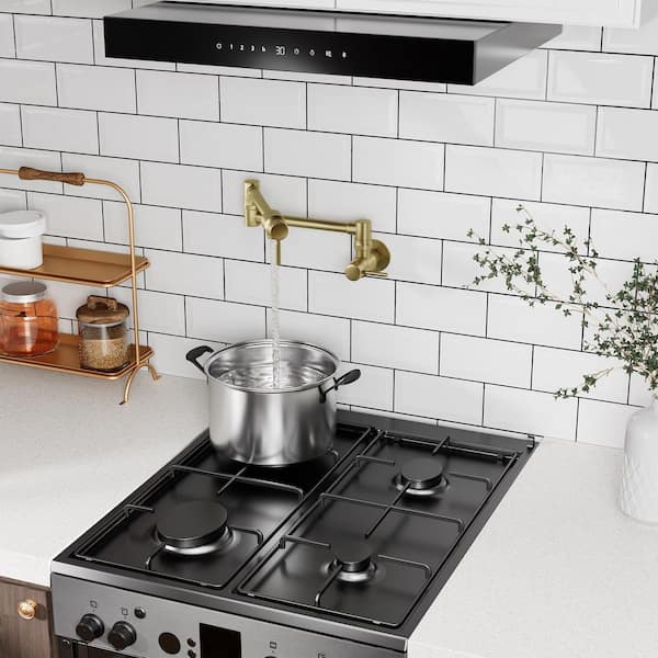 Residential Wall Mount Folding Pot Filler Faucet with Dual Handles and 360° Rotating Spout in Brushed Gold