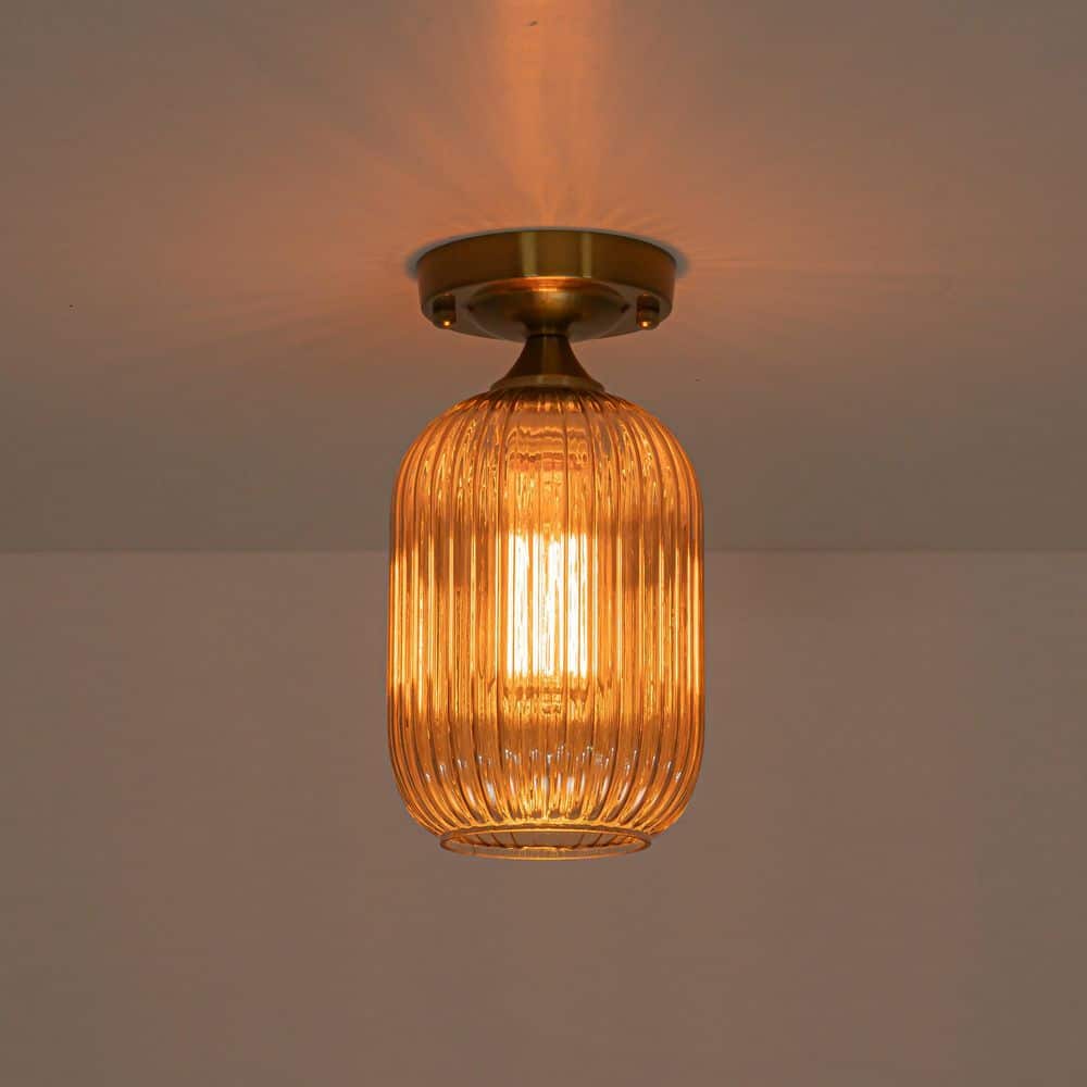 1-Light Vintage Drum Brushed Brass Finish Amber Ribbed Glass Semi-Flush Mount Ceiling Light for Kitchen Hallway price history on PriceWatchPro