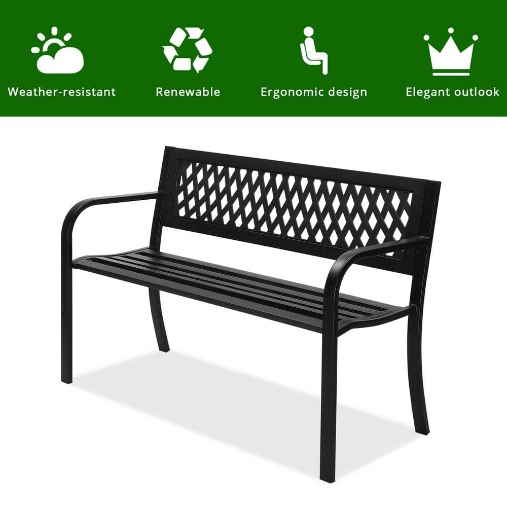 Black Iron 47-Inch Outdoor Garden Bench with PVC Backrest