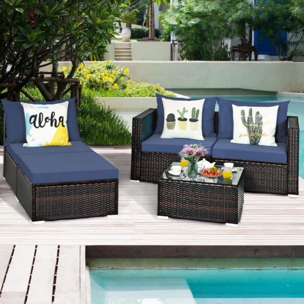 5-Piece Rattan Patio Conversation Set with Tempered Glass Table Top Wicker Sectional Sofa Set with Cushions in Navy price history on PriceWatchPro