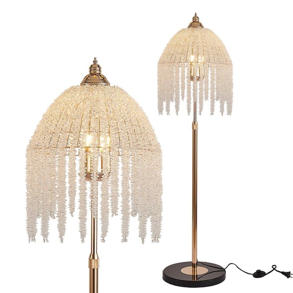 Lasaideal 63 in. Gold Standard Floor Lamp with Cascading Crystal Beads Shade and Marble Texture Base