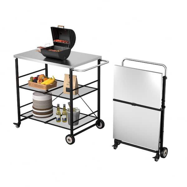 3- Shelf Stainless Steel Foldable Outdoor Grill Cart Indoor Prep Table with 4-Wheels (31.5 in. W x 23.6 in. D)
