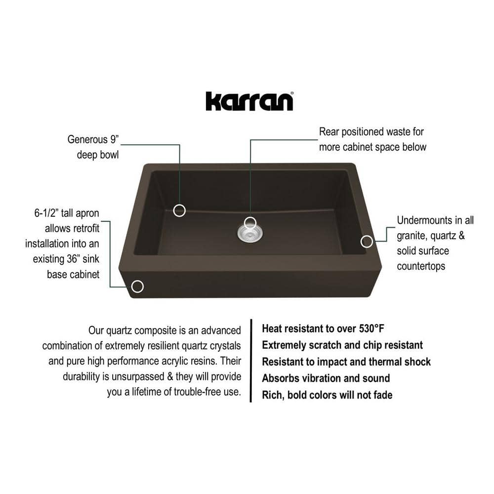 Karran Brown Quartz 34'' Single Bowl Farmhouse Kitchen Sink Kit