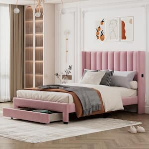 Pink Wood Frame Velvet Upholstered Queen Size Platform Bed with a Big Drawer and 2-Small Pockets