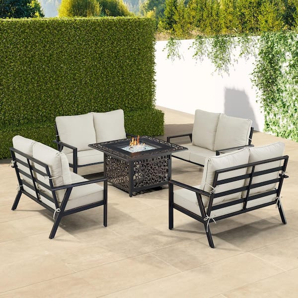 Black 5-Piece Aluminum Patio Fire Table Set with Light Grey Cushions