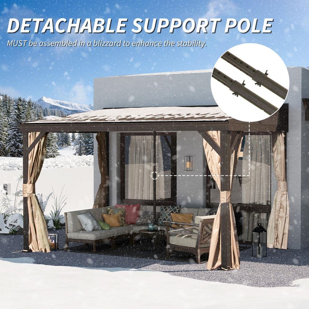 8' x 12' Brown Aluminum Wall-Mounted Patio Gazebo with Curtains