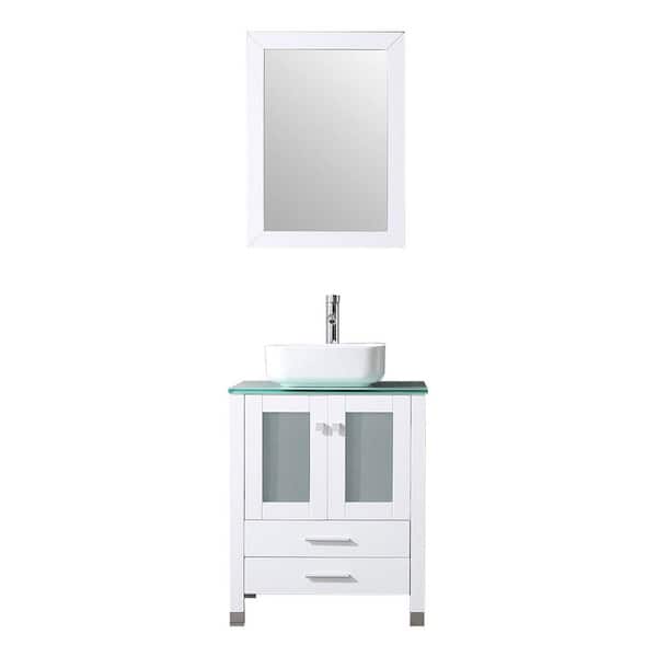 Wonline Wonline 24 in. W x 21.7 in. D x 60 in. H Single Sink Bath Vanity in White with Green Glass Top and Mirror