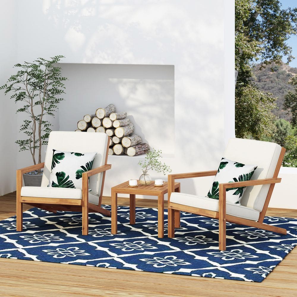 3-Piece Acacia Outdoor Patio Chat Set with Acacia Coffee Table, Beige Water