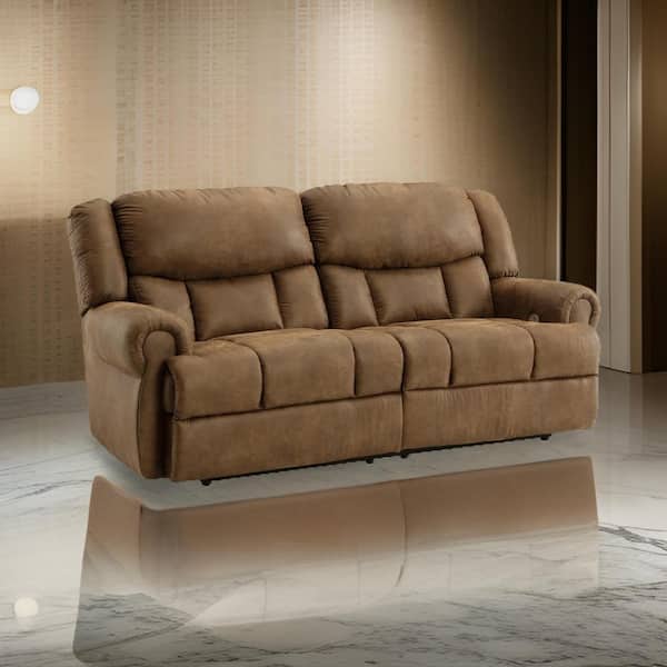 Benjara 42 in. Round Arm Faux Leather Rectangle Dual Seat Power Recliner Sofa in Brown