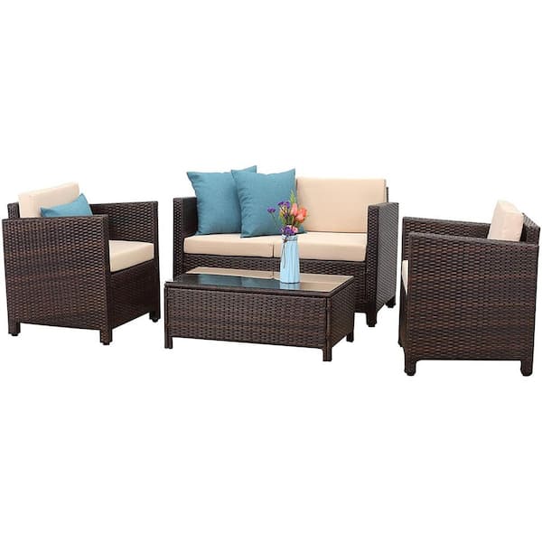 SUNVIVI 4-Piece PE Rattan Wicker Outdoor Patio Furniture Set in Brown