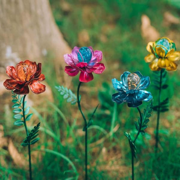 Justincity 12.9 in. Multicolor Stainless Steel Solar Flower Garden