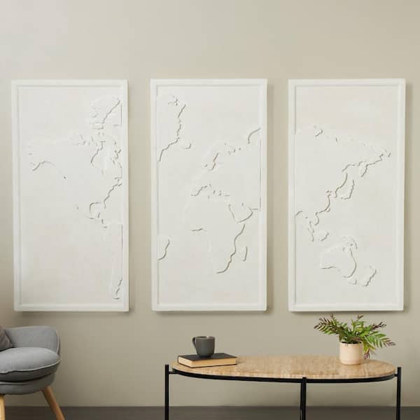 Litton Lane Wooden White 3D World Map Wall Decor (Set of 3)