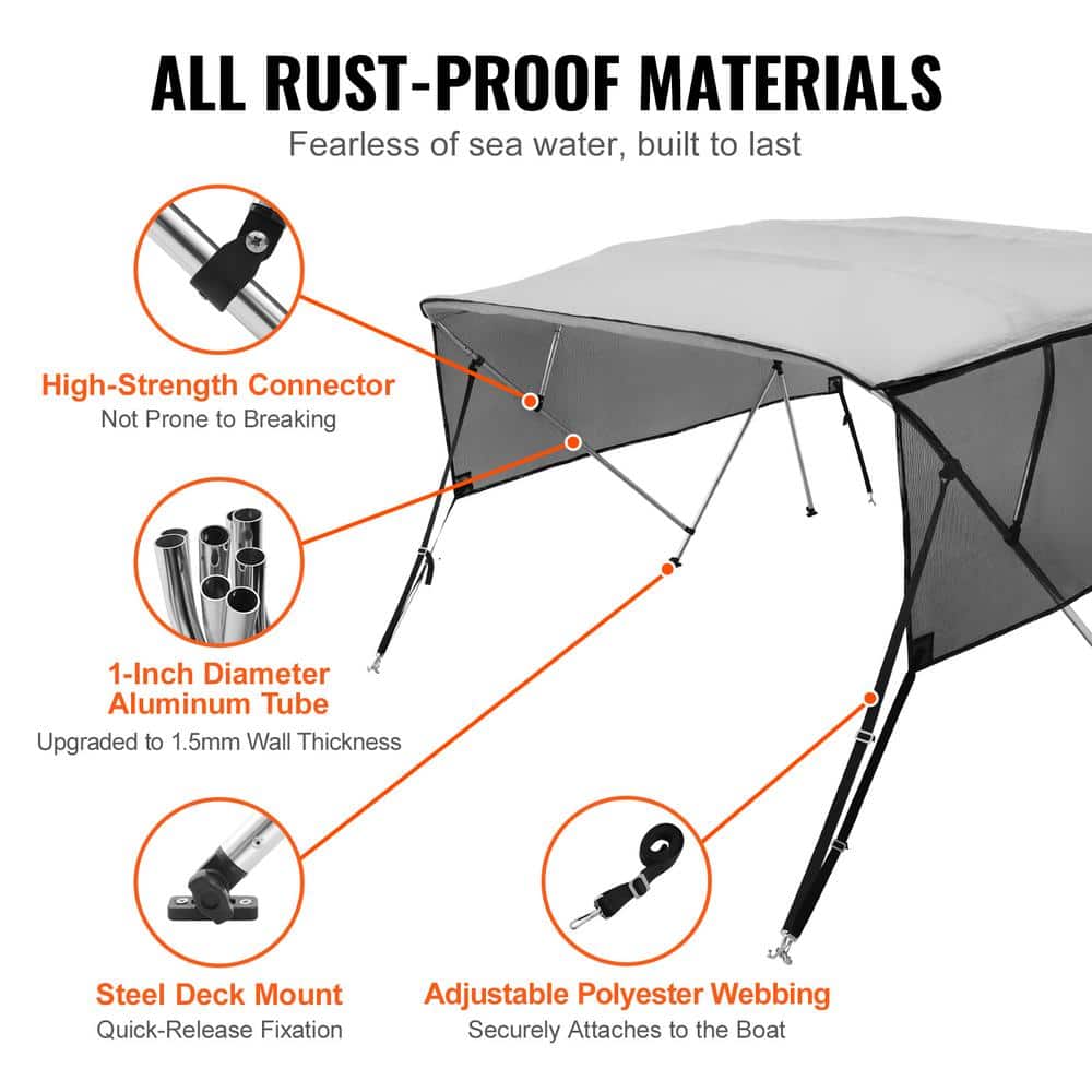 Light Grey 4 Bow Bimini Top Boat Cover with Mesh Sidewalls
