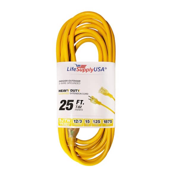 LifeSupplyUSA Verlängerungskabel 25 Fuß (ca. 7,6 M) – 12/3 SJTW, Orange, Beleuchtetes Ende, Für Innen & Außen, 15A 125V