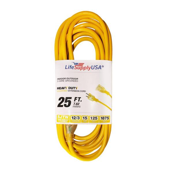 LifeSupplyUSA 25 ft. 12/3 Heavy-Duty 3 Prong Oil Resistant Light End Indoor/Outdoor SJTW 300-Volt 1875-Watt Extension Cord (50-Pack)