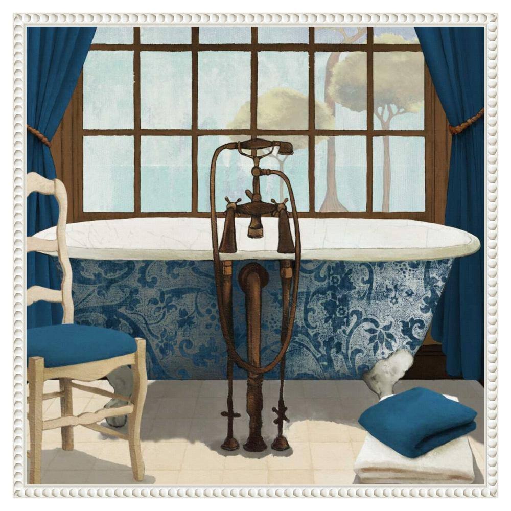Blue and White Framed Canvas Wall Art with Bathtub Scene