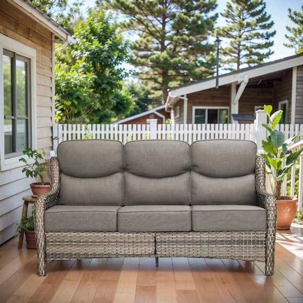 Arcadia Gray Wicker Outdoor 3-Seat Couch with High Curved Back and 6 in. Thick Gray Box-Edge Cushions