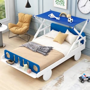 White Twin Size Wood Car-Shaped Platform Bed with Bed-End Storage Shelf, Blue Ceiling Cloth