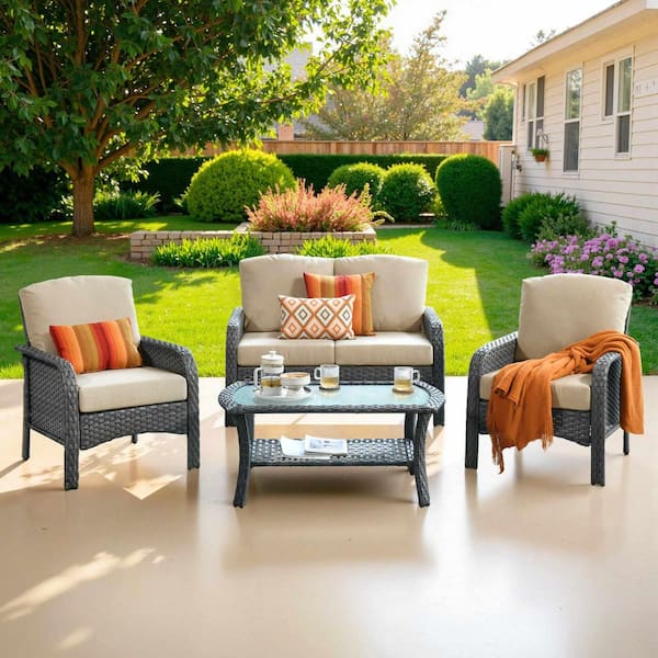 Hot Sale Gray 4-Piece Wicker Outdoor Lounge Chair Patio Seating Set with Beige Cushion & Coffee Table for Backyard