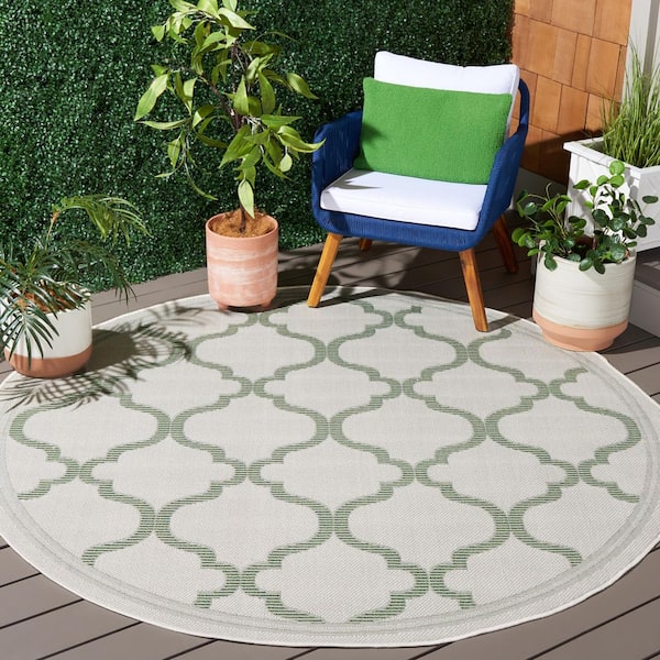 Bermuda Beige/Green 7 ft. x 7 ft. Machine Washable Border Trellis Indoor/Outdoor Round Area Rug