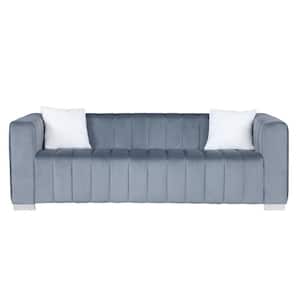Modern 87 in. Square Arm Velvet 3 Seater Rectangle Channel Sofa Traditional Chesterfield Sofa with Pillows in. Gray