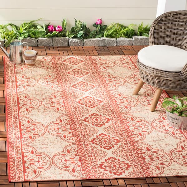 Beach House Red/Cream Doormat 2 ft. x 4 ft. Damask Floral Indoor/Outdoor Area Rug