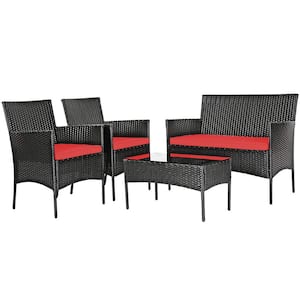 Black 4-Piece Wicker Patio Conversation Seating Set with Red Cushion