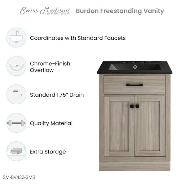 Burdon 24 in. Bathroom Vanity in Brown Oak with Black, 3-Hole Ceramic Sink Top