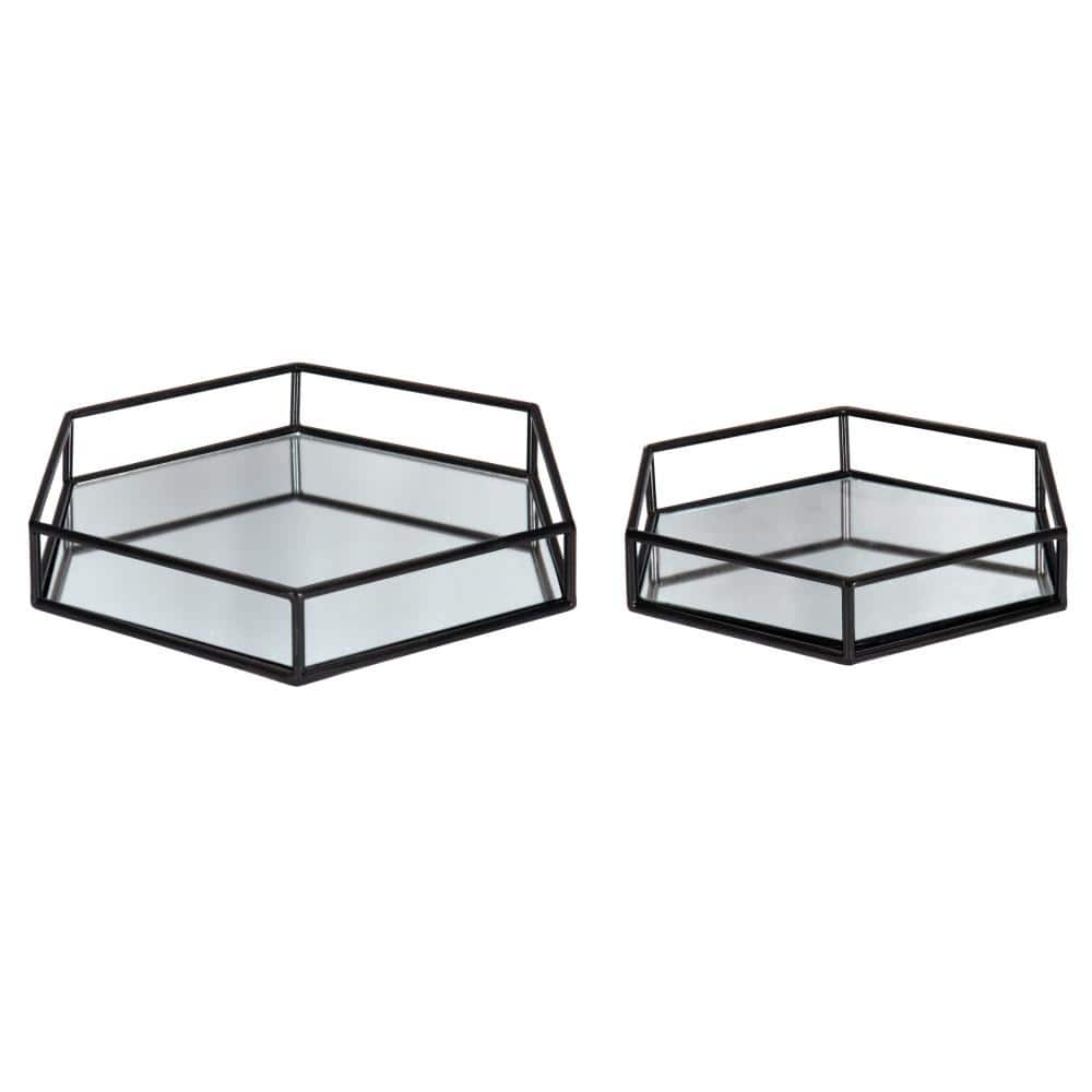 Black Hexagonal Metal and Mirrored Glass Decorative Trays, Set of 2