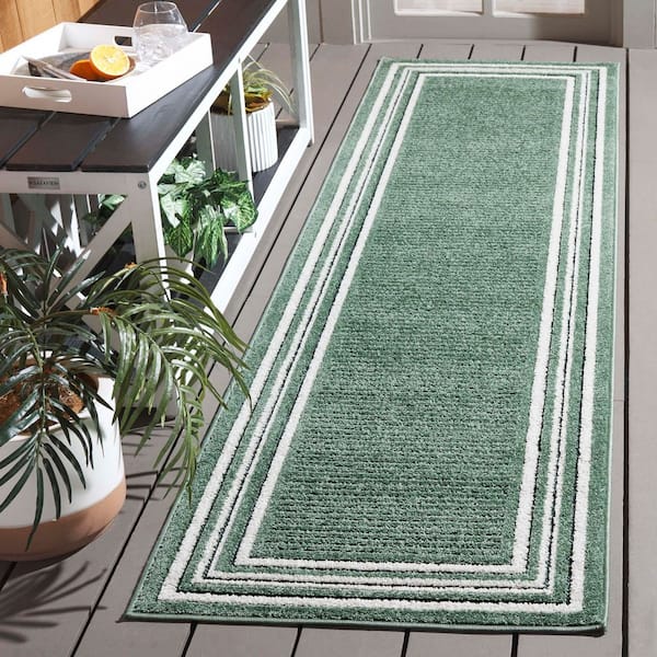 Cabana Green/Ivory 2 ft. x 8 ft. High-Low Striped Border Indoor/Outdoor Runner Rug
