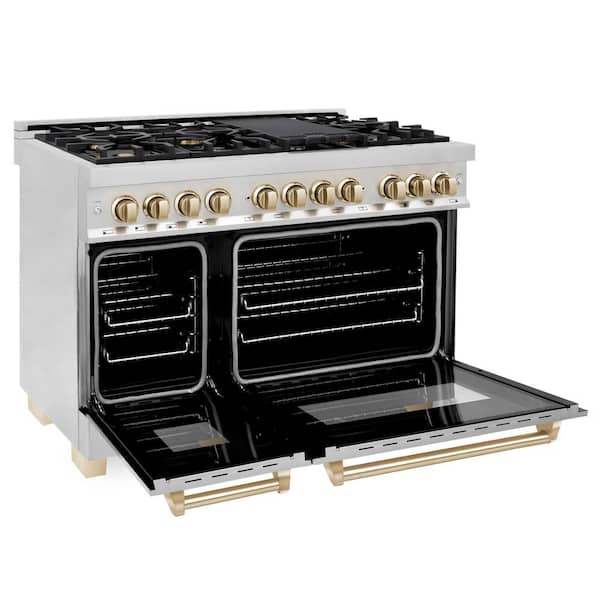 Autograph Edition 48 in. 7 Burner Double Oven Dual Fuel Range in Stainless Steel and Polished Gold
